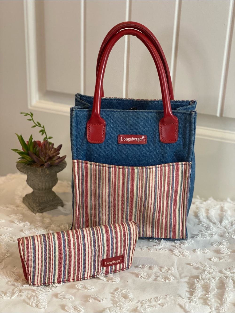 Longaberger Denim Mini Tote with Red Handles and Striped Pocket